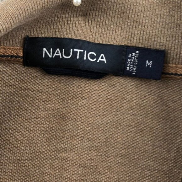 Nautica Mens Rugby Polo Shirt Medium Long Sleeve Striped Tan Classic Casual - Picture 3 of 7